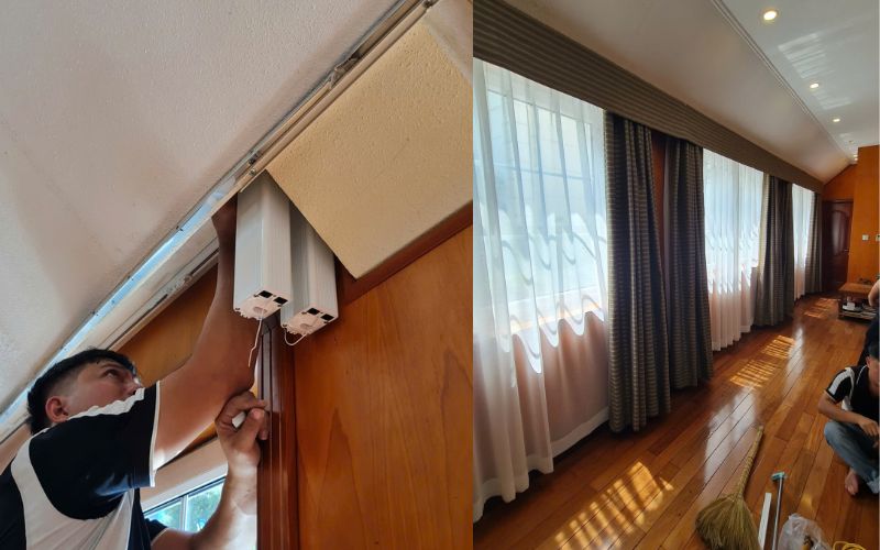 Với không gian biệt thự rộng lớn cùng hệ cửa kính khổ lớn, rèm vải động cơ không chỉ là giải pháp che nắng tối ưu mà còn là điểm nhấn nâng tầm sự sang trọng và tiện nghi cho ngôi nhà.